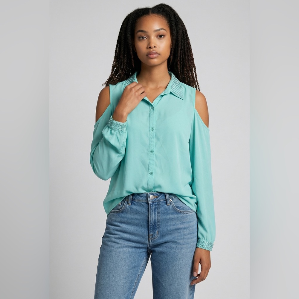 Hot & Delicious Mint Green Cold-Shoulder Button-Down Blouse